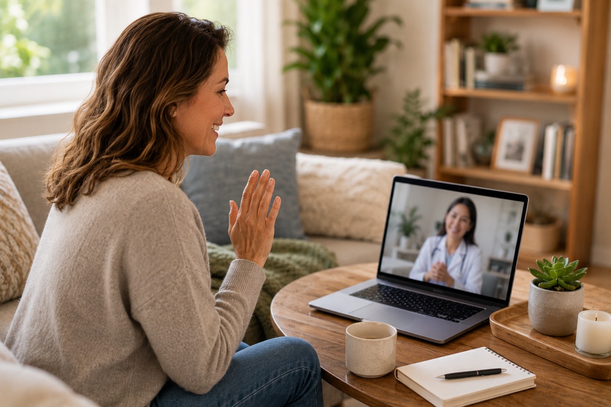 Una consulta por video desde una sala acogedora